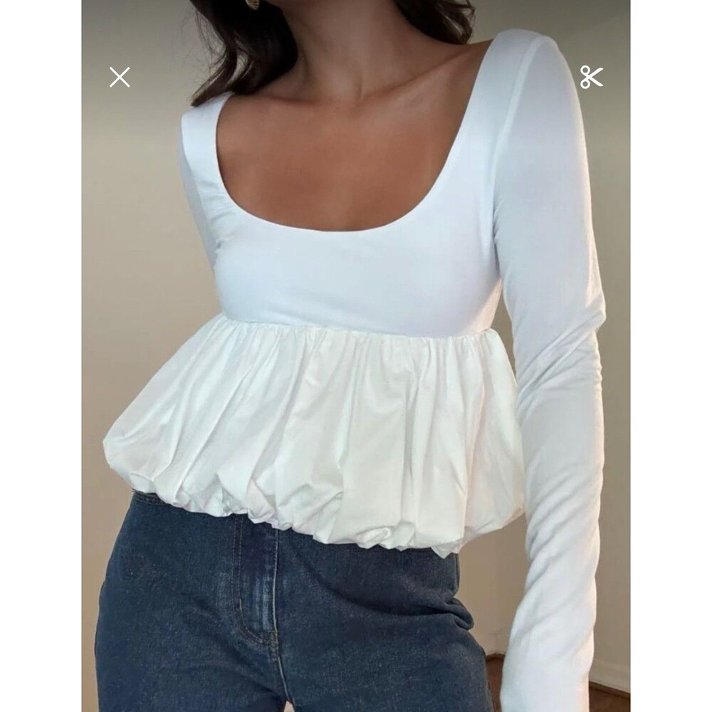 Wild Fable Women's Small Long Sleeve Square Neck Bubble Top White Peplum Y2K